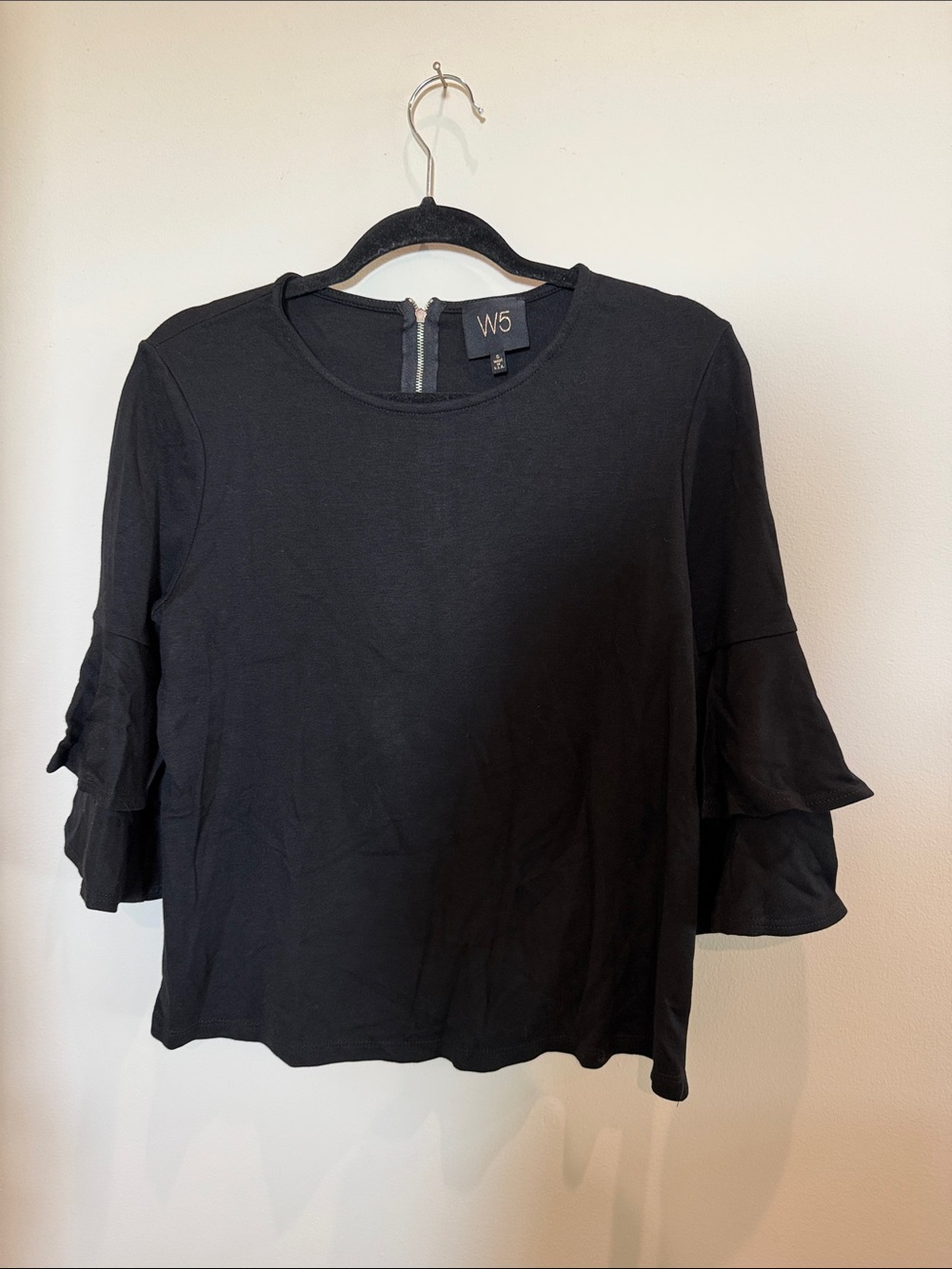W5 Black Ruffle-Sleeve Crewneck Top